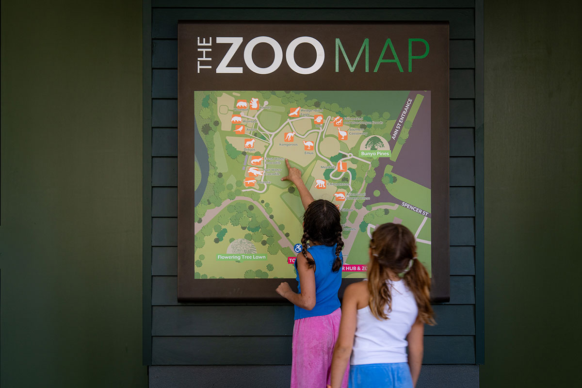 Two young girls looking at the Rockhampton Zoo Map