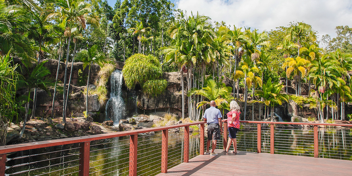 a couple viewing the Kershaw Gardens Waterfall