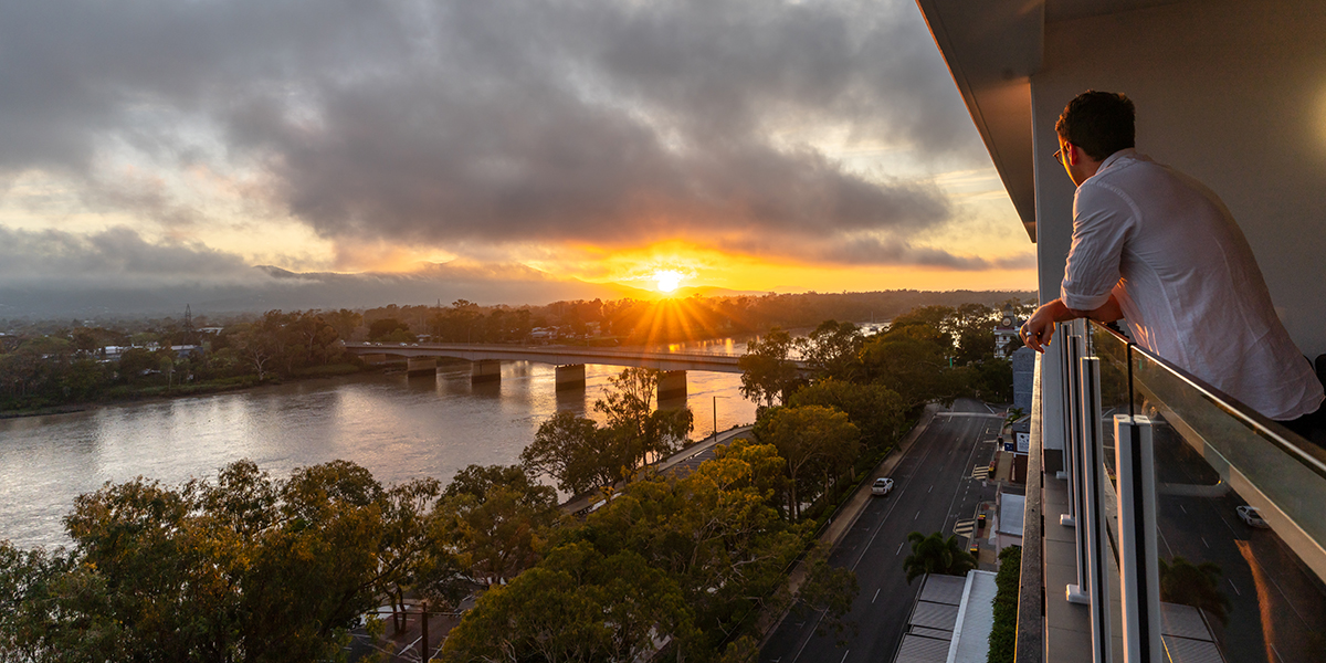Many overlooking the Fitzroy River from his hotel apartment balcony..