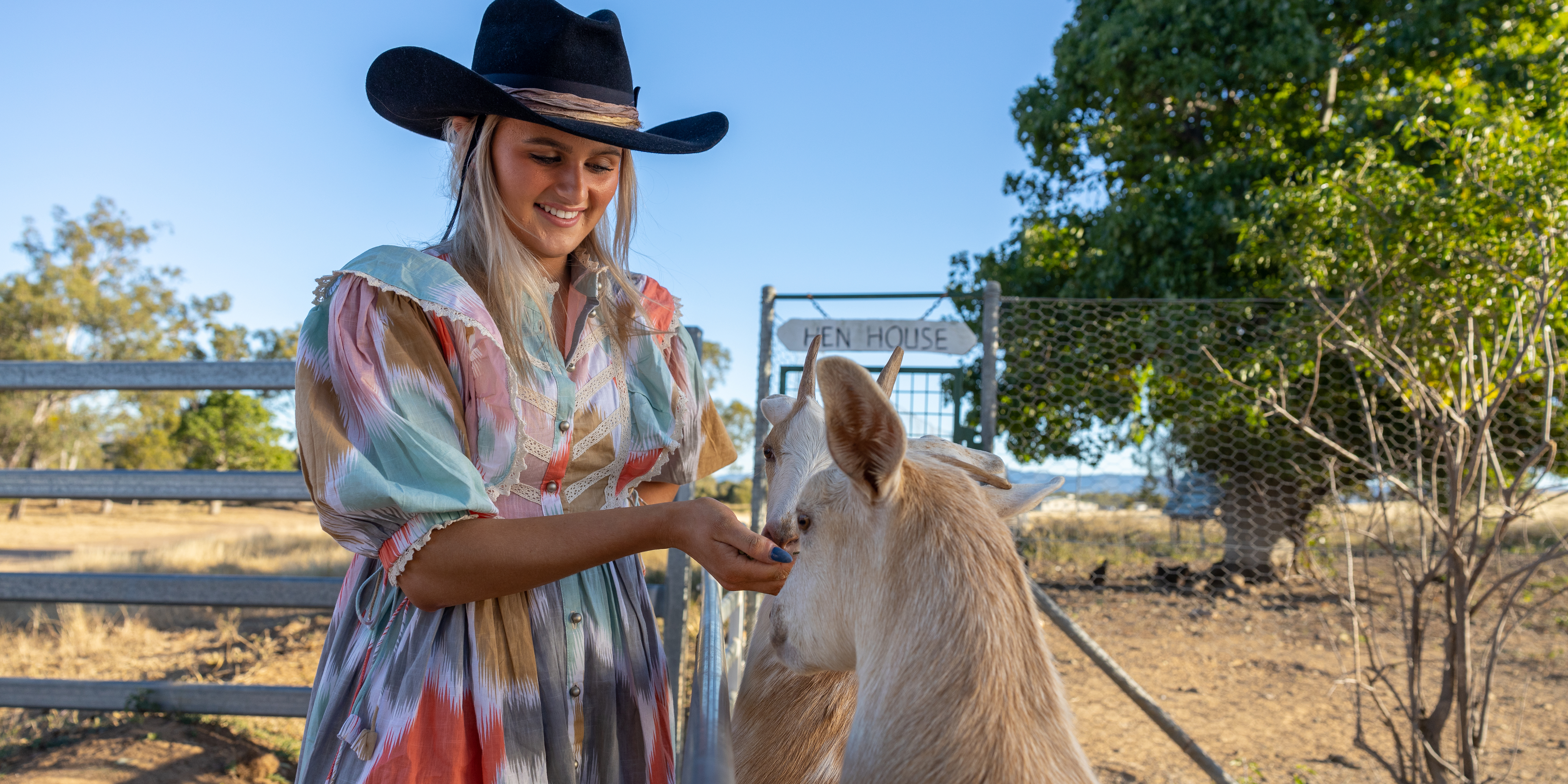 A young woman feeding goats behind a metal fence