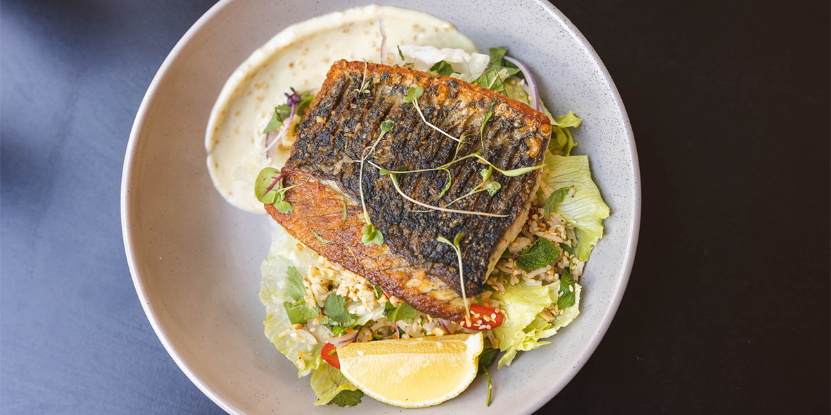 Delicious Barramundi served up on a plate, garnished with a lemon wedge.