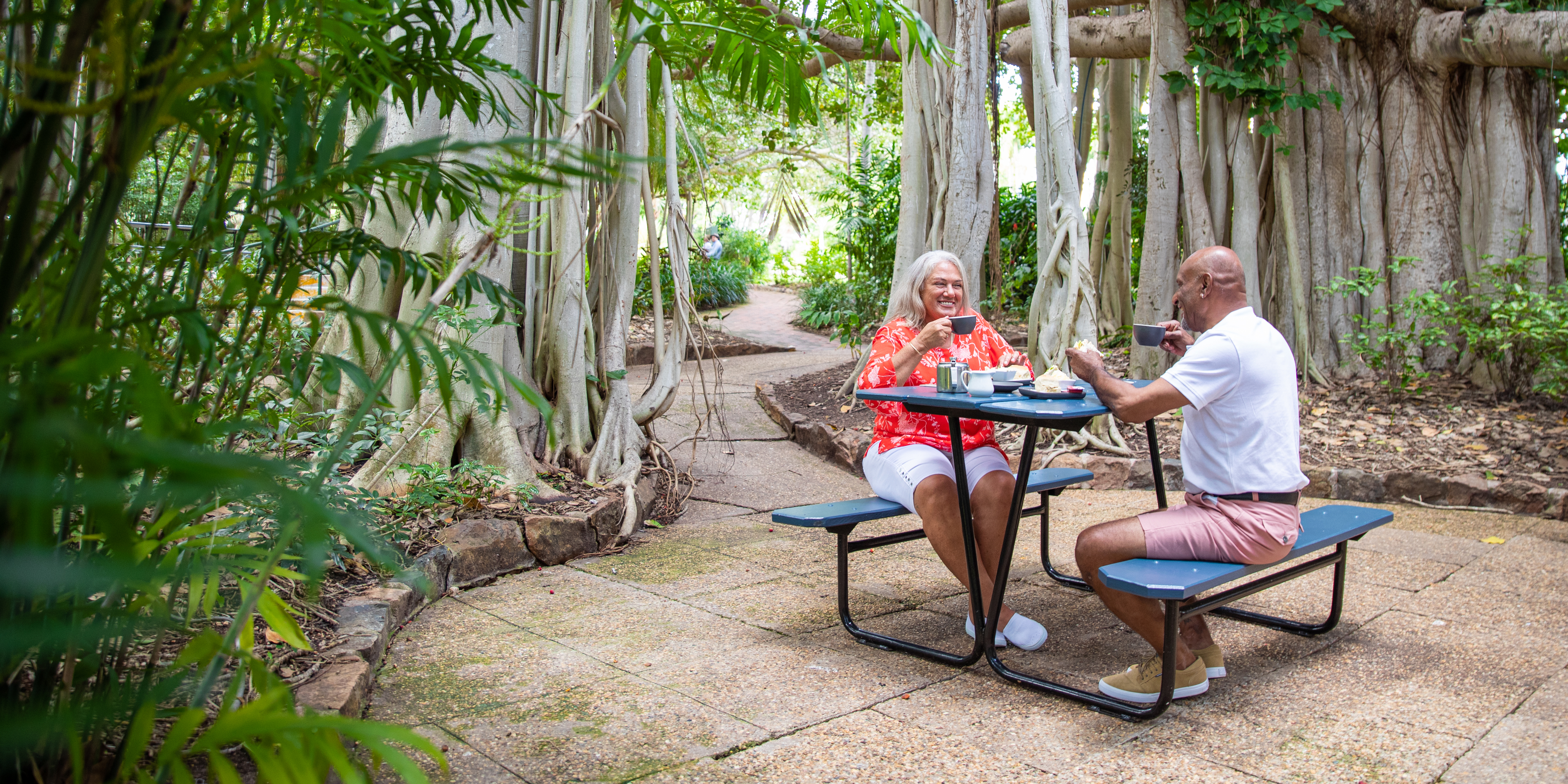 Mature aged interracial couple sitting down under a giant Fig Tree at the Botanic Gardens