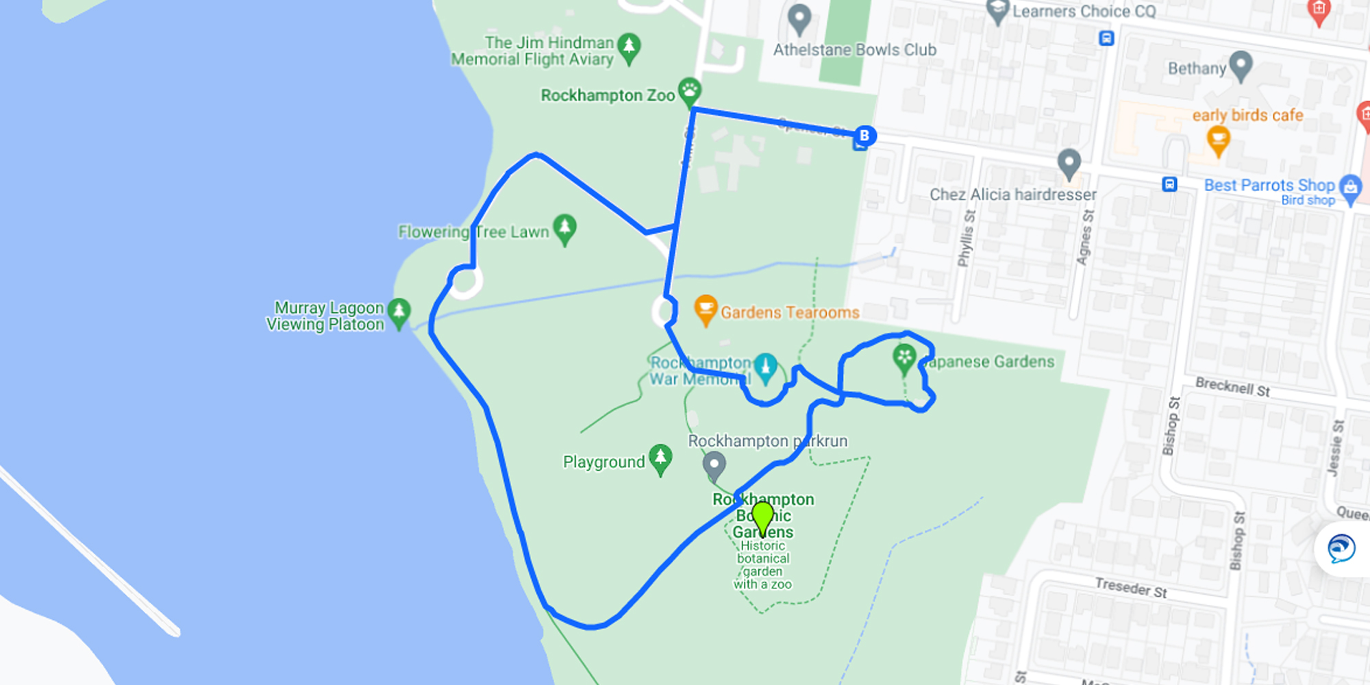 map of Rockhampton Botanic Gardens displaying a 2km running route