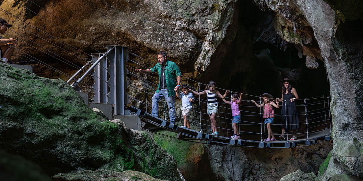 Family of six walking a suspension bridge in a limestone cave.
