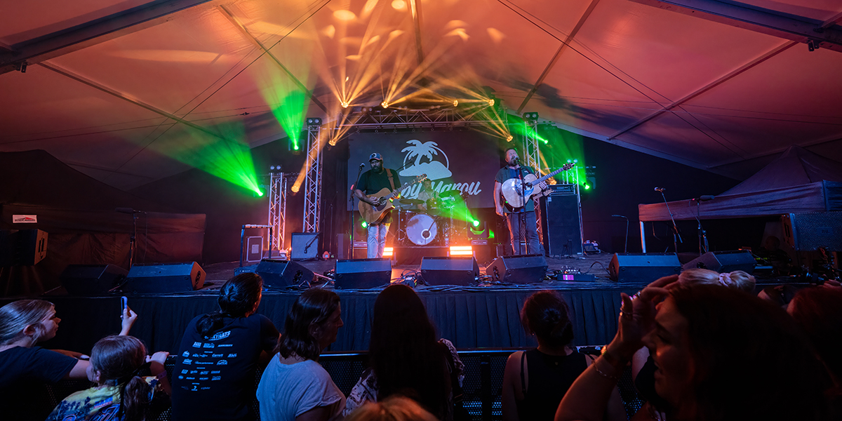 Busby Marou performing on stage at Rockynats 2025.