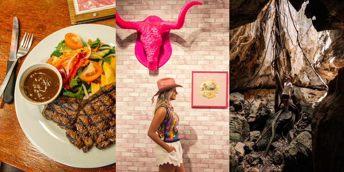 A montage of photos depicting a mouth watering steak at the Criterion Hotel, an art exhibition at the Rockhampton Museum of Art and exploring the Capricorn Caves