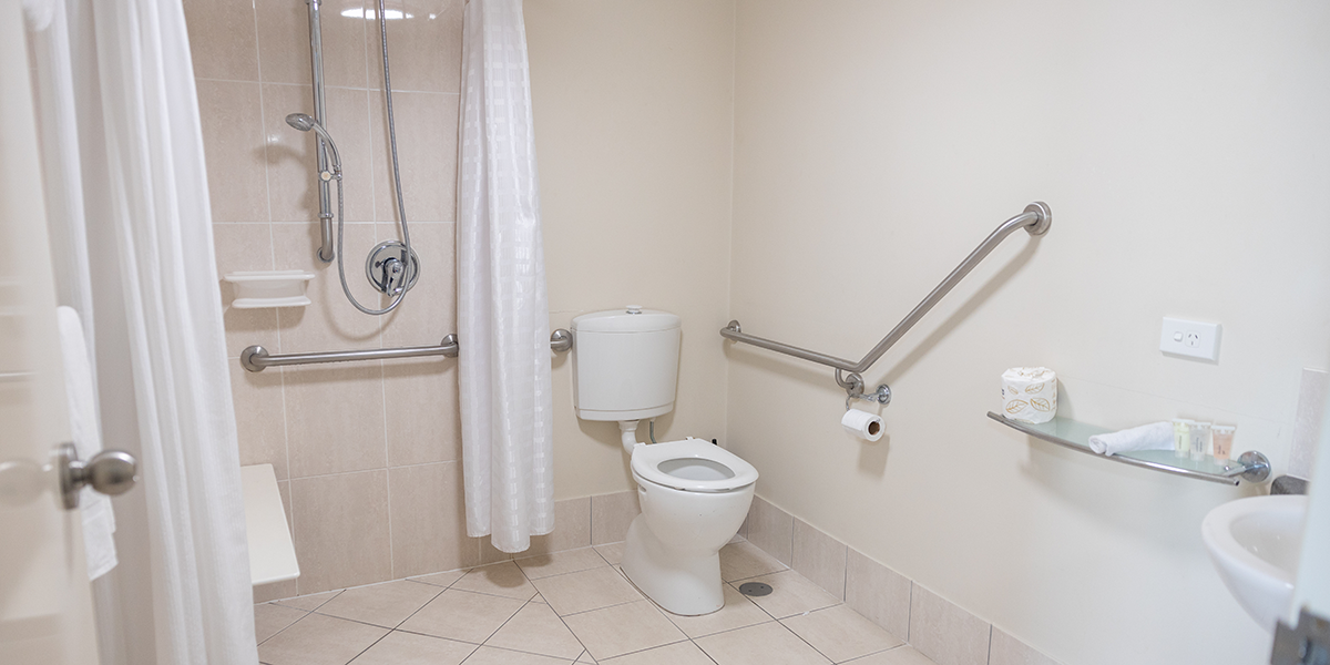 An accessible bathroom with handrails in the toilet and shower with a low toilet and all one level including a hand held shower