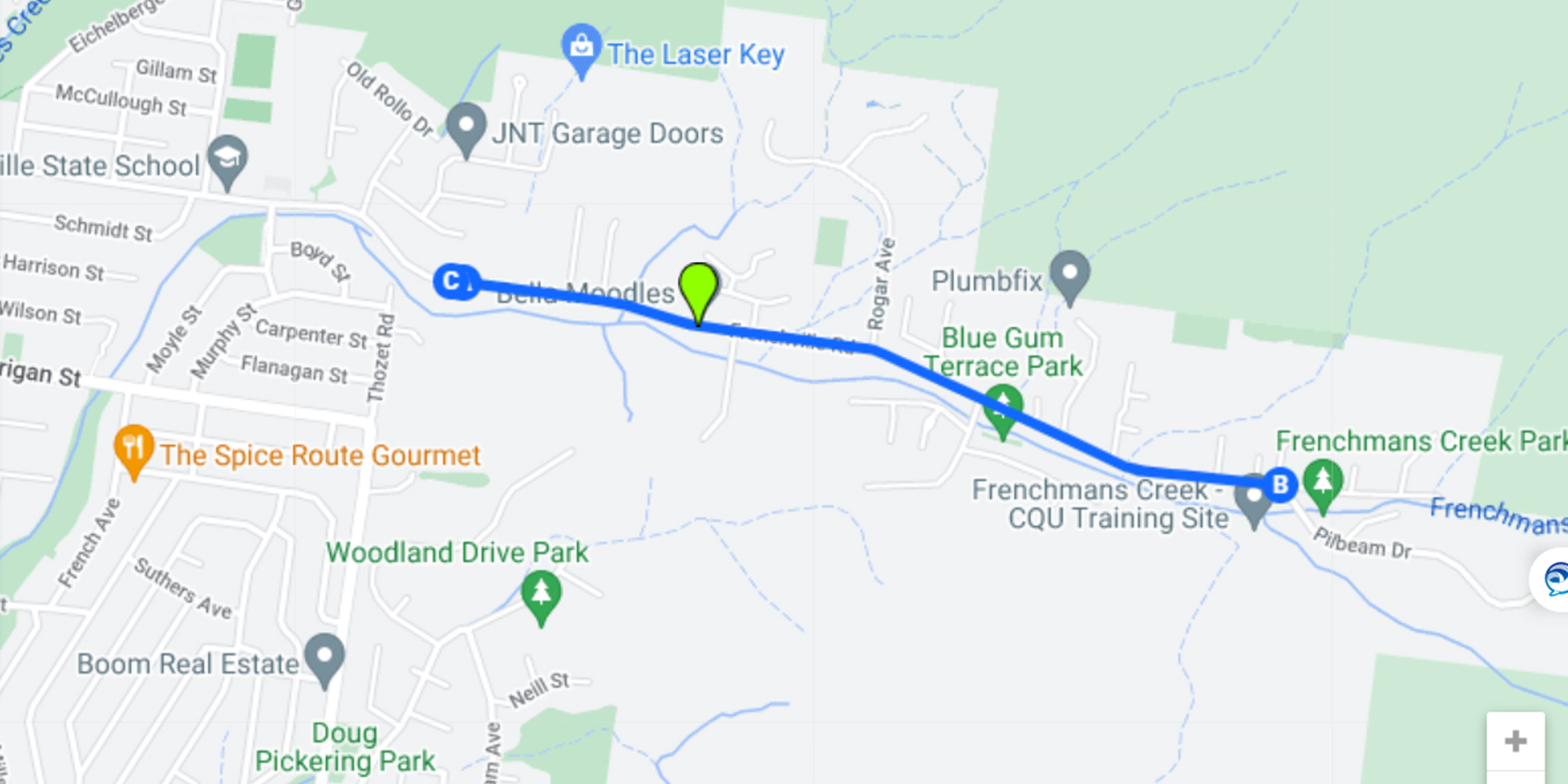 map of Frenchville Road displaying a 2.5km running route