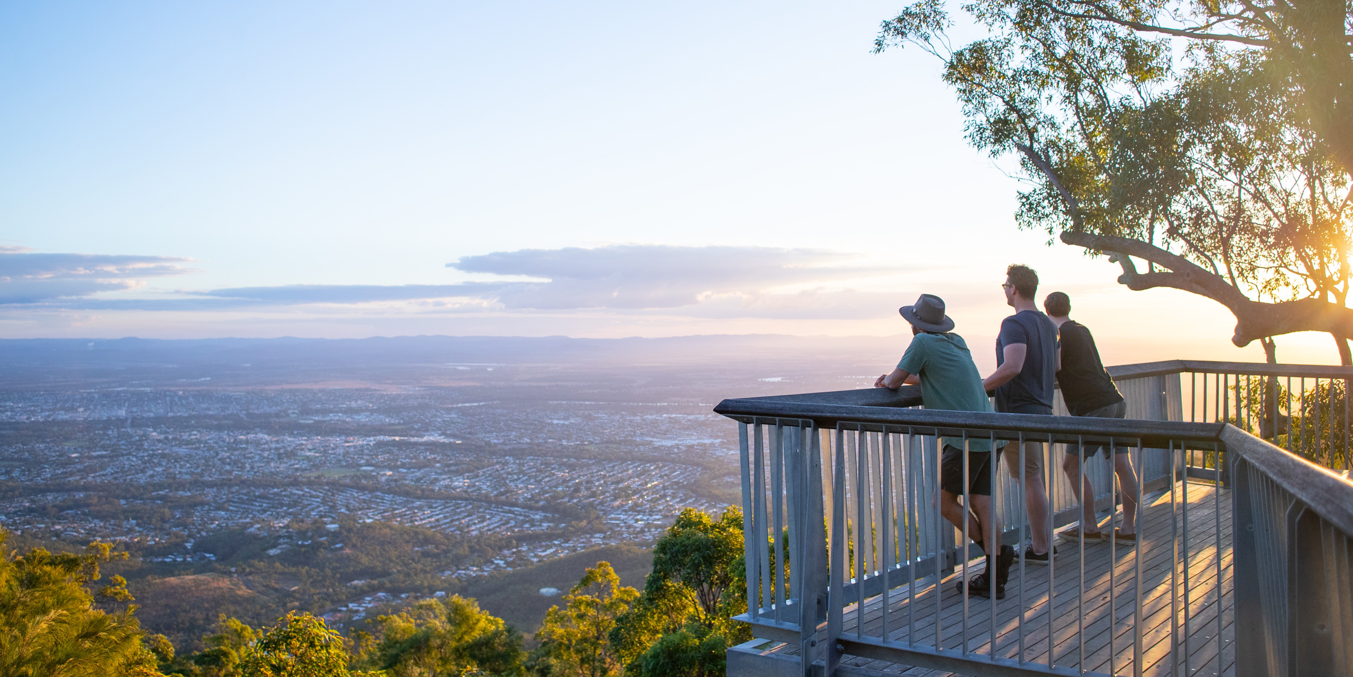 People standing on the treetop boardwalk overlooking Rockhampton from the mountains