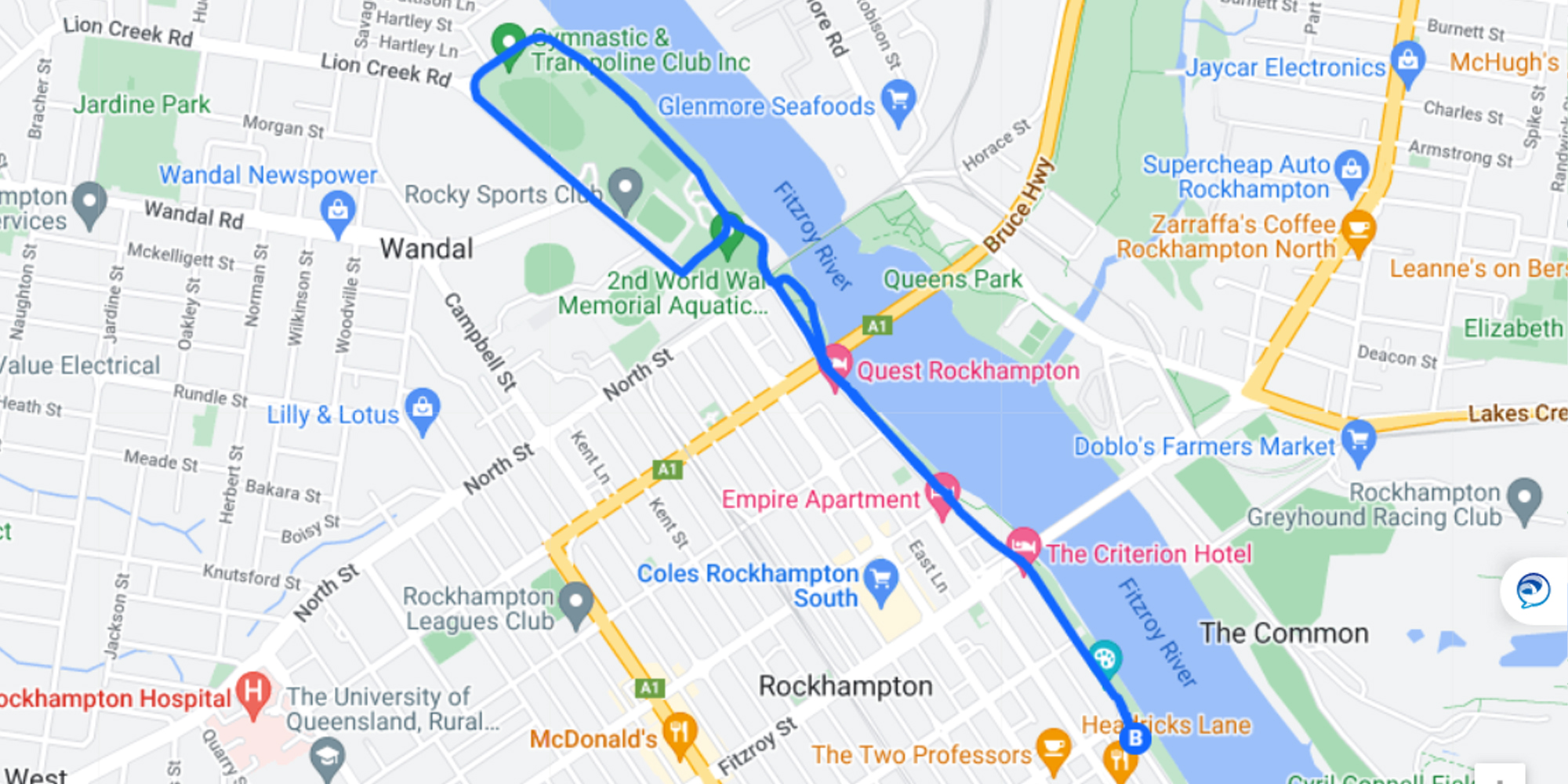 map of Rockhampton along the river displaying a 5km running route