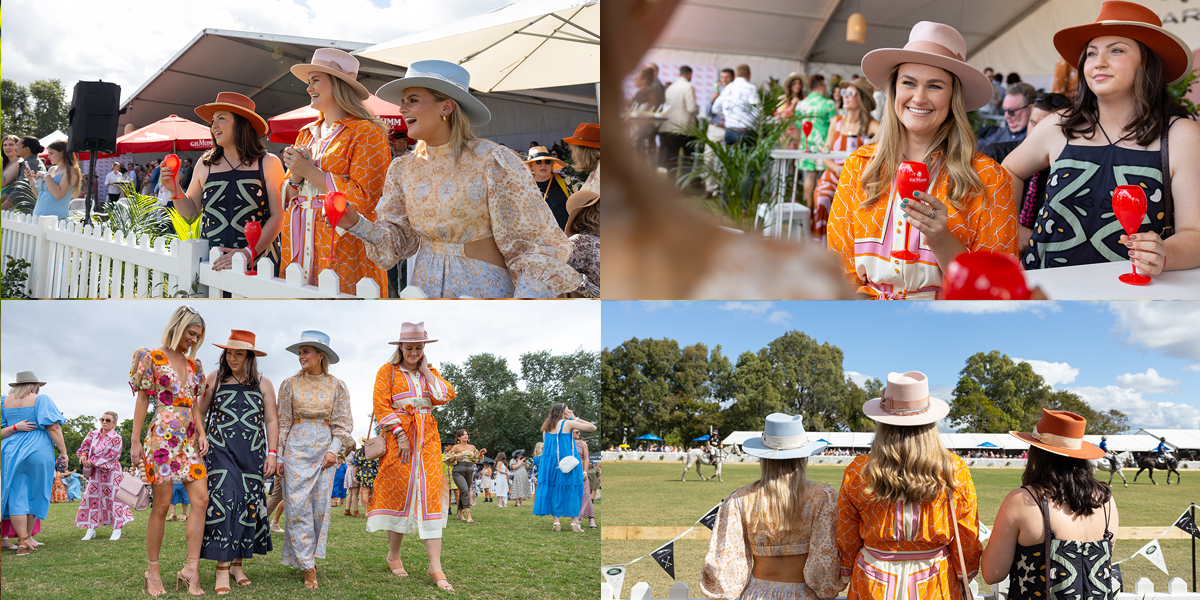 A collage of pictures at pop up polo of three women.
