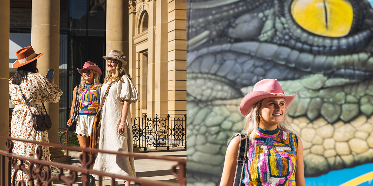 Collage of photos. One of three women taking a photo at a heritage listed building. the other of a women standing with a painted mural of a crocodile in the background.