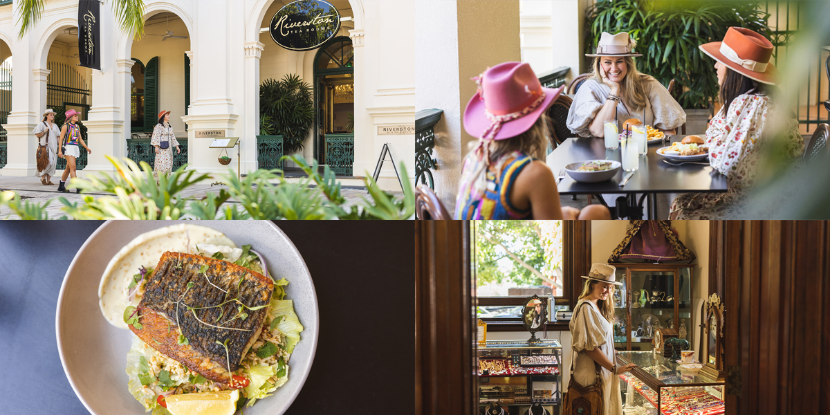 Collage of women having lunch at Riverston Tearooms.