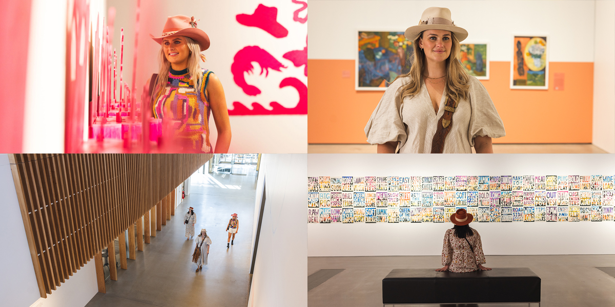 Collage of women looking at art exhibitions at Rockhampton Museum of Art.