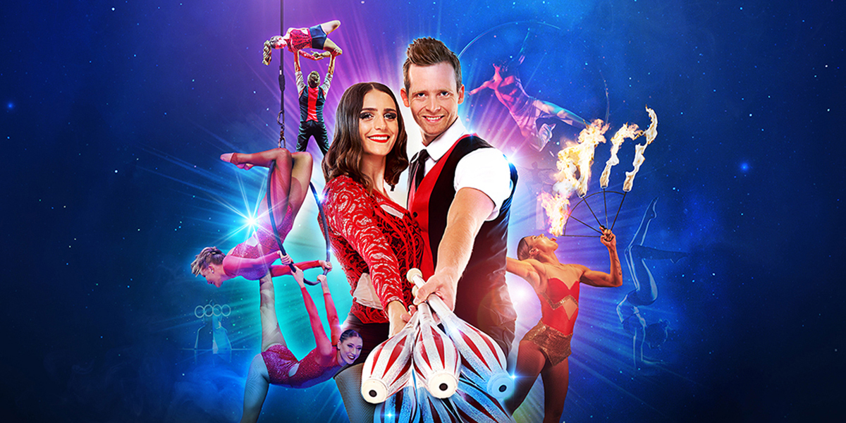 A montage of acrobatic circus performers with a man and woman in the centre holding juggling sticks.