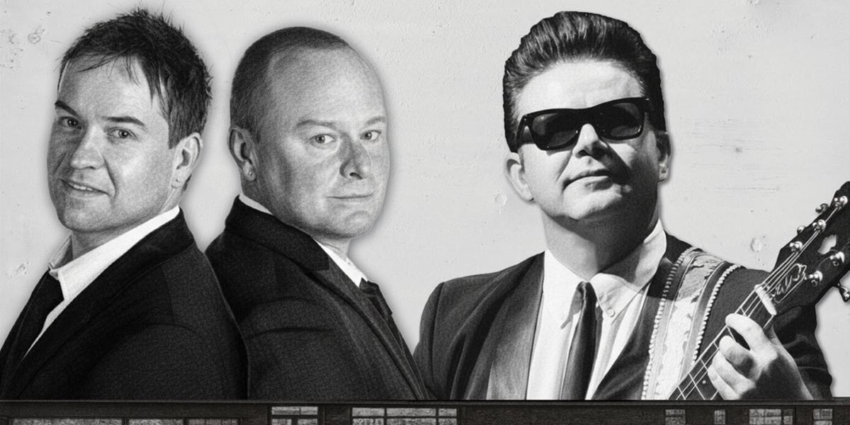 Black and white vintage-styled banner featuring three male musicians.
