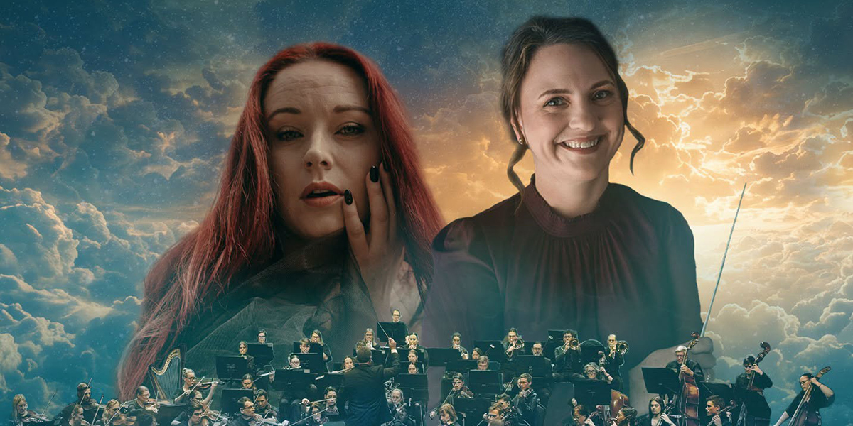 Two women looking towards the camera with a symphony imposed across the bottom of the image.