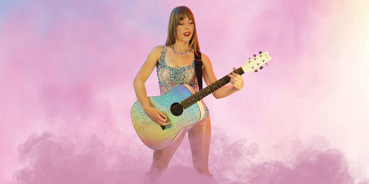 Young girl looking like pop star Taylor Swift wearing a rainbow one piece and shinny holographic acoustic guitar surrounded by dusty pink and purple clouds.