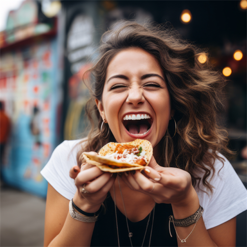 woman laughing whilst eating ethnic food 