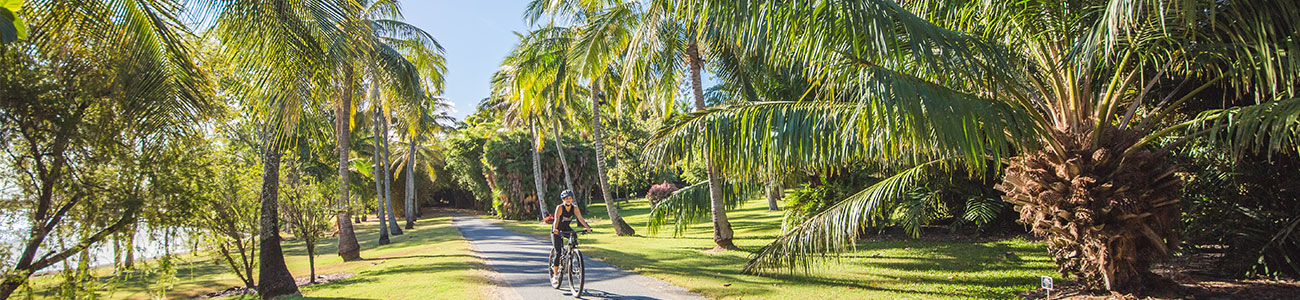 a person riding a bike through the botanic gardens on a path